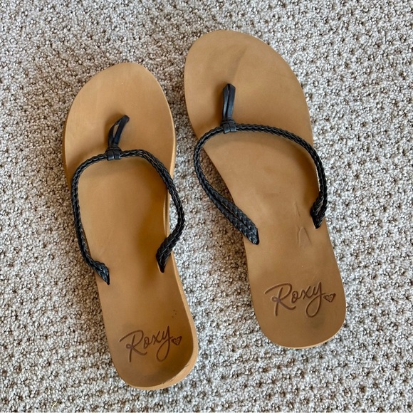 Roxy Black Tan Summer Beach Vacay Flat Flip Flop Braided Leather Women Size 11 - Picture 1 of 6